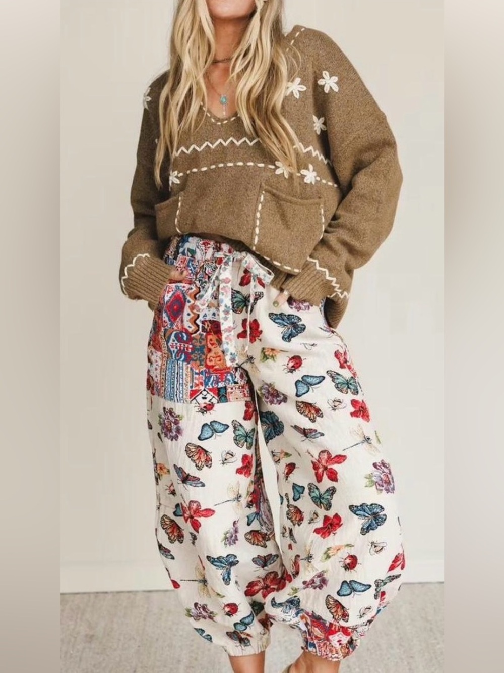 POL Cream Butterfly Patchwork Harem Pants